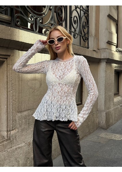 Kadın Bisiklet Yaka Full Esnek Dantel Bürümcük Spor Şık Tasarım Asimetrik Kesim Gece Bluzu fırsatları