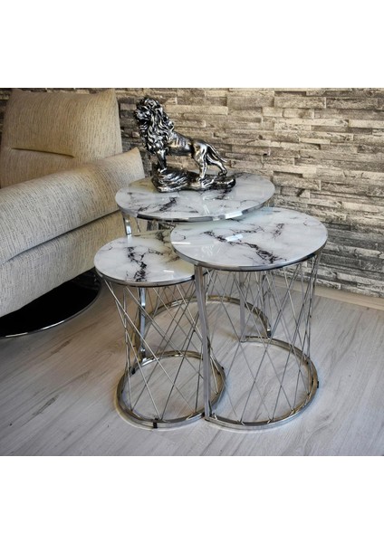 Lü Hasır Beyaz Mermer Temperli Nikel Metal Zigon Sehpa