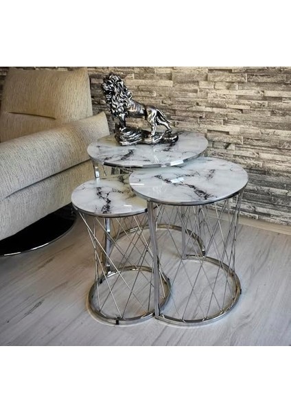 Lü Hasır Beyaz Mermer Temperli Nikel Metal Zigon Sehpa fiyatları