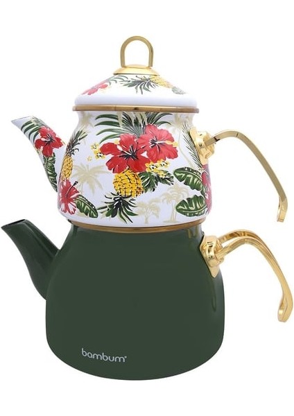 Summer Desenli Kilitli Kapaklı Emaye Demlik