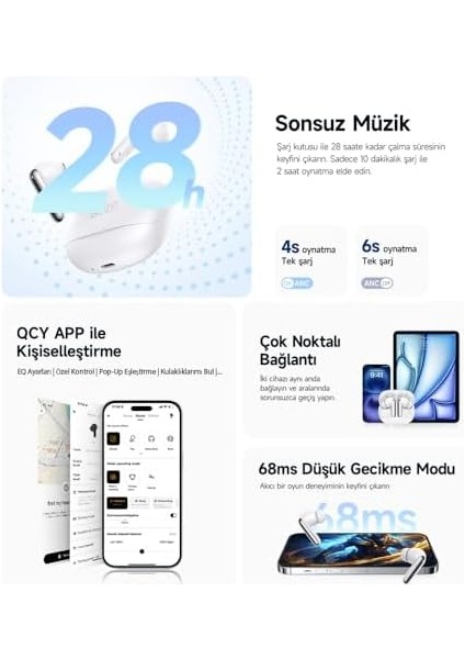 Qcy Melobuds N50 Anc HT12 6 Mikrofonlu Bluetooth 5.4 Kulaklık Beyaz modelleri