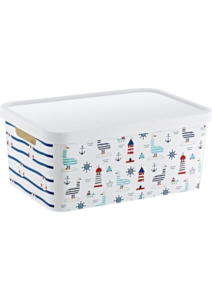 Stafi Desenli Çok Amaçlı Kapaklı Kutu 4,5 Lt Marin