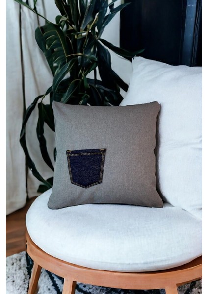 Kot Kumaştan Cep Detaylı 43X43 Dekoratif Kırlent Kılıfı Gri Denim Modern