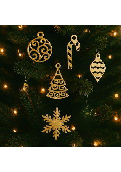 Altın Renk 5’li Yılbaşı Ağacı Süsü Seti – Dekoratif 3D Tasarım Plastik Ağaç Süsü (Top, Şeker Kamışı, Çam Ağacı, Kar Tanesi, Damla Model)