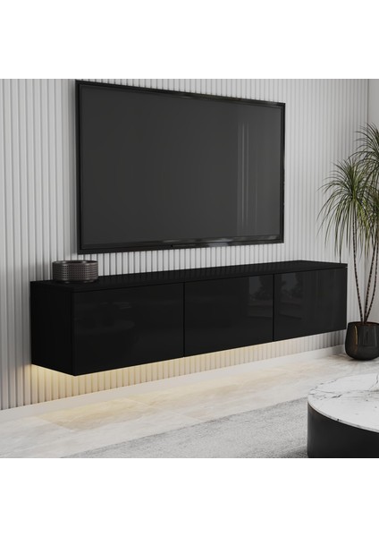 Alston 3 Kapaklı Duvara Monte Tv Ünitesi – LED Işıklı, Modern Tasarım, 160 Cm, Parlak Siyah