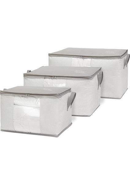 Textile 3&apos;lü Pvc Pencereli Stuff & Things Gri Çizgili Hurç Set