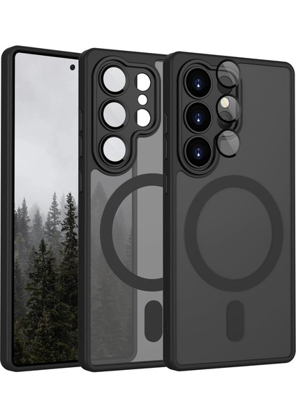 Için Kılıf Kamera Korumalı Mag-Safe Şarj Özellikli Mat Şeffaf Renkli Kılıf (Siyah, S23 Ultra)