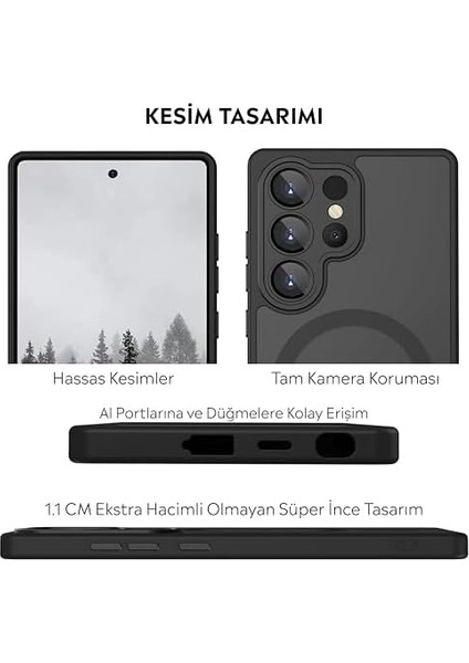Için Kılıf Kamera Korumalı Mag-Safe Şarj Özellikli Mat Şeffaf Renkli Kılıf (Siyah, S23 Ultra) modelleri