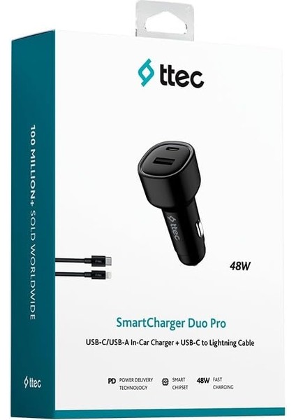 Smartcharger Duo Pd 48W Araç Hızlı Şarj Aleti Usb-C+Usb-A - Usb-C- Kablo Siyah