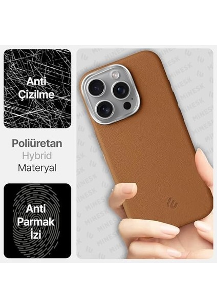 16 Pro Max Için Magsafe ile Uyumlu Çizilmeyen ve Parmak Izi Tutmayan Deri Görünümlü Metal Tuşlu ve Metal Lens Çerçeveli Hybrid Silikon Kılıf (Taba, 16 Pro Max) modelleri