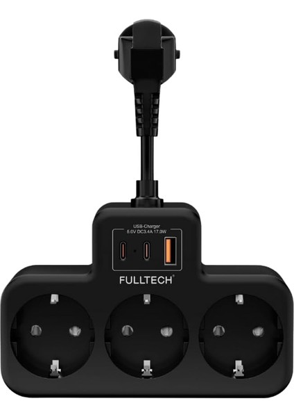 Korumalı Priz, Duvar Priz Çoğaltıcı, 3x Priz Soketi, 2x Type-C Girişi, 1x USB Girişi, Çocuk Korumalı ve Dayanıklı Yapı, Aşırı Gerilim, 16A/3680W (Kablosuz) (Siyah)