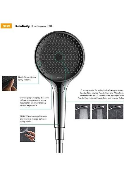 Rainfinity Rain 12,7 cm Modern El Duş Başlığı 3 Püskürtme Toz Yağmuru, Yoğun Toz Yağmur, Krom Monorain 26864001 modelleri