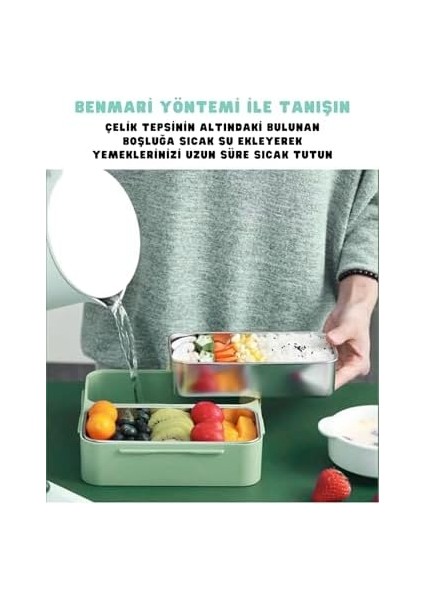 Bento 1100ML Lunchbox Tek Katlı 2 Bölmeli Paslanmaz Çelik Sefer Tası Yemek Kutusu (Yeşil) fiyatları