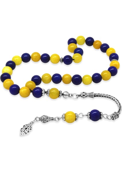 925 Ayar Gümüş Foxtail Zincir Püsküllü Küre Kesim Sarı Lacivert Jade Doğaltaş Taraftar Tesbih