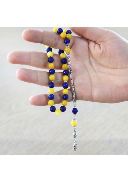 925 Ayar Gümüş Foxtail Zincir Püsküllü Küre Kesim Sarı Lacivert Jade Doğaltaş Taraftar Tesbih fırsatları