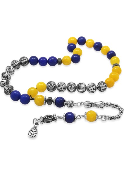 Kararmaz Metal Arnavut Püsküllü Küre Kesim Isme Özel Sarı Lacivert Jade Doğaltaş Taraftar Tesbih