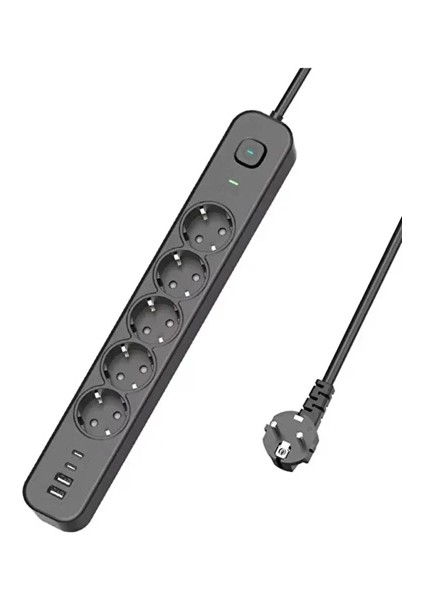 5 Prizli Akım Korumalı Uzatma Kablosu | 2xusb-A + 2xusb-C | 3680W - 2m Kablo