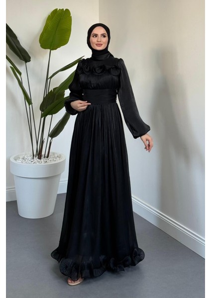 Maryam Altı ve Göğüs Kısmı Fırfırlı Janjan Abiye Siyah modelleri