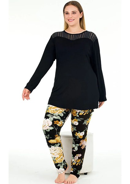 Lady Çiçekli Yumuşacık Pijama ve Uzun Kollu Dantelli Omuz Üst Viskon Kumaş Pijama Takımı