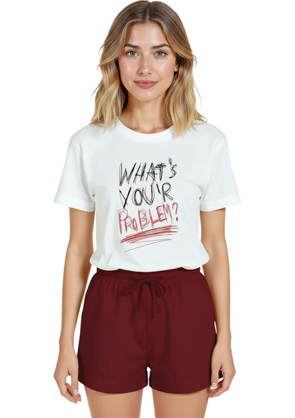 Kadın Beyaz Relaxed Fit %100 Pamuk Tişört – Tipografi ''what's Your Problem?'' Baskılı