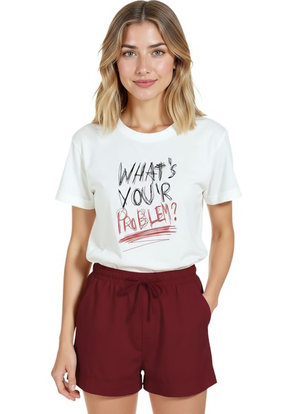 Kadın Beyaz Relaxed Fit %100 Pamuk Tişört – Tipografi ''what's Your Problem?'' Baskılı indirimleri