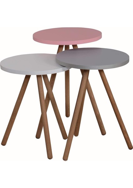 Renkli Üçlü Zigon Sehpa Ahşap Ayaklı Yuvarlak Pastel Tasarım Pembe Beyaz Gri