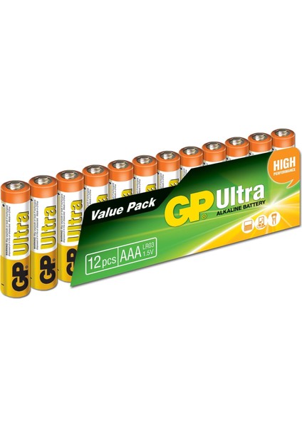 Batteries 24AU Ultra Alkalin LR03/E92/AAA Pil, 1.5 Volt, 12&apos;li Paket, Bakır/siyah/beyaz