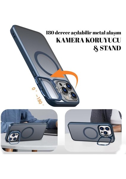 Klassegear iphone 15 Pro Max Uyumlu Metal Lens Koruma Çerçevesi/standlı Güçlü Mıknatıslı Bağımsız Buton Hoparlör Koruma Mat Şeffaf Telefon Kılıfı (Mavi) modelleri