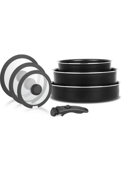 Titanium 7 Parça Set: 20-24CM DERIN&26CM Sığ Tencere 20-24-26CM Cam Kapak 1 Adet Özel Sap