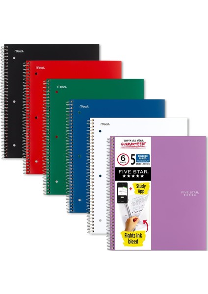 Star Spiral, 5 Subject, College Ruled, 200 Yaprak, 11" x 8-1/2", Çeşitli Renkler, 6&apos;lı Paket (73793)
