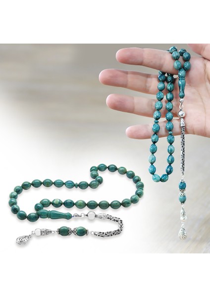 925 Ayar Gümüş Kral Zincir Püsküllü Arpa Kesim Turkuaz Beyaz Sıkma Kehribar Tesbih fiyatları