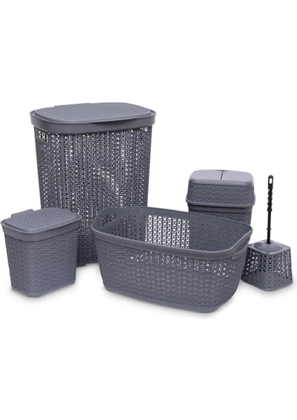 5&apos;li Hasır Desenli Set - Kirli Sepeti+Çamaşırlık+Deterjanlık+Çöp Kovası+Wc Fırça