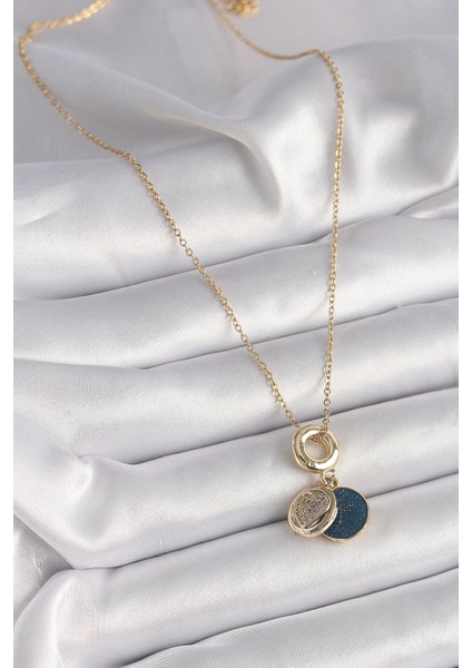 316L Çelik Gold Renk Zincir Zirkon Taşlı Kalp Model Mavi Simli Kadın Kolye fiyatları