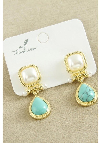 Turkuaz Taşlı Inci Küpe