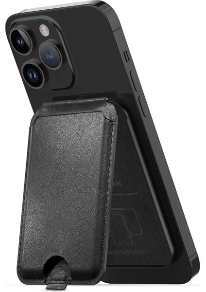 Ile Uyumlu Deri Kartlık, Iphone 12/13/14/15/16 Modelleri ile Uyumlu, 5 Kart Kapasiteli, Açılır Kapanabilir Stand Olma Özellikli, Hafif ve Şık Tasarım, MC2500, Siyah