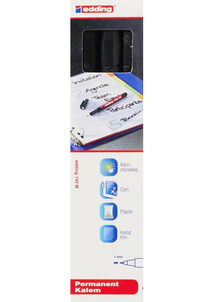 142 M Permanent, Asetat, Siyah, 3&apos;lü Set, 1 mm Yuvarlak Uç