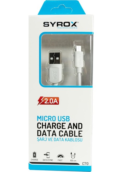 C70 2.0 Mah S6/s7 1.2 mt Mikro Kablo, Beyaz