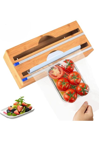 Bambu Asılabilir Streç Film ve Folyo Kesme Aleti, Kesici Streçlik ve Folyoluk, Mutfakta Pratik Kullanım Için Tasarlanmış, Dayanıklı ve Şık Mutfak Aksesuarı (Iki Gözlü)