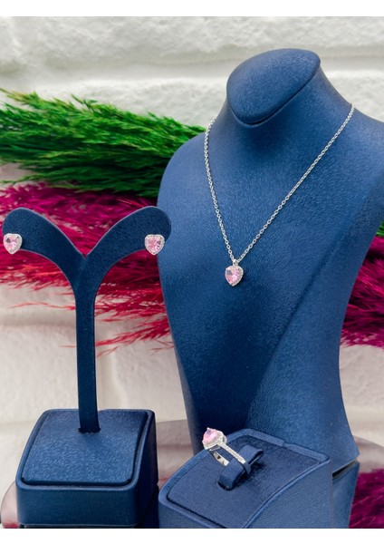 925 Ayar Gümüş Pembe Kuvars Taşlı Özel Tasarım 3’lü Trend Kadın Takı Seti
