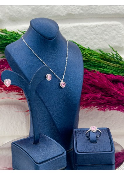925 Ayar Gümüş Pembe Kuvars Taşlı Özel Tasarım 3’lü Trend Kadın Takı Seti fiyatları