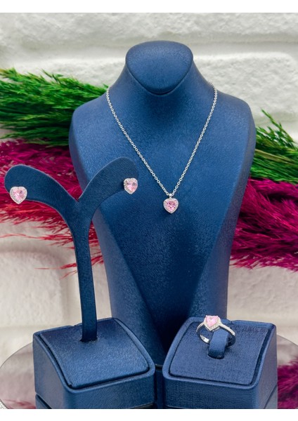925 Ayar Gümüş Pembe Kuvars Taşlı Özel Tasarım 3’lü Trend Kadın Takı Seti modelleri