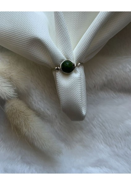 Yeşim Taşı Ayarlanabilir Gümüş Renk Tel Yüzük El Yapımı