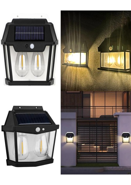 Solar Güneş Enerjili Lamba 2 Ampul Flament LED Sensörlü 3 Işık Modlu Su Geçirmez Duvar Teras Bahçe Agaç Patika Garaj Balkon Dekorasyon Aydınlatma 1 Adet
