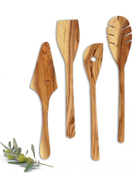 Zeytin Ağacı Mutfak Gereçleri Seti – 4 Parça | El Yapımı, Çevre Dostu, Çizilmez Ahşap Pişirme Aletleri | Spatula Seti (4&apos;lü Set)