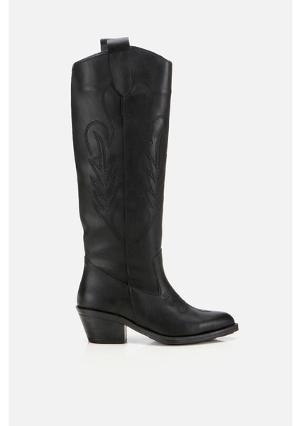 Kadın Siyah Işlemeli Kalın Topuklu Çizme