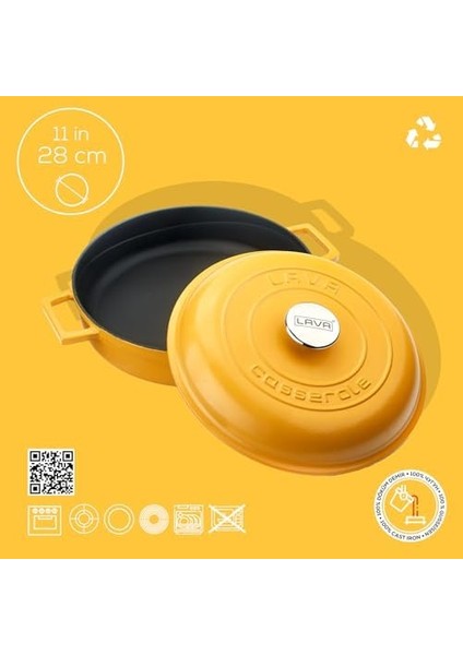 Metal Spring Serisi - Döküm Çok Amaçlı Tencere, Yuvarlak, 28 Cm, Mat, Parlak Siyah Taban, Sarı, Kubbe Kapak modelleri