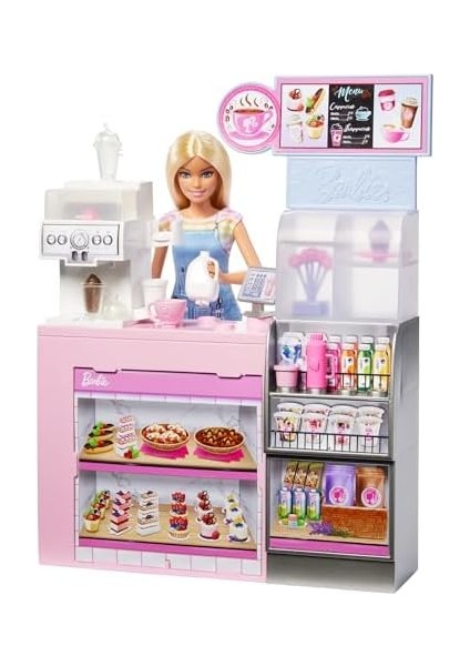 Kahve Dükkanı &apos;nin Kahve Dükkanı Oyun Seti Sarışın Barista, Kahve Makinesi ve 10&apos;dan Fazla Aksesuar HXN94 modelleri