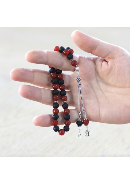 925 Ayar Gümüş Isme Özel Harf Püsküllü Küre Kesim Kırmızı Siyah Oniks Akik Doğaltaş Taraftar Tesbih fırsatları