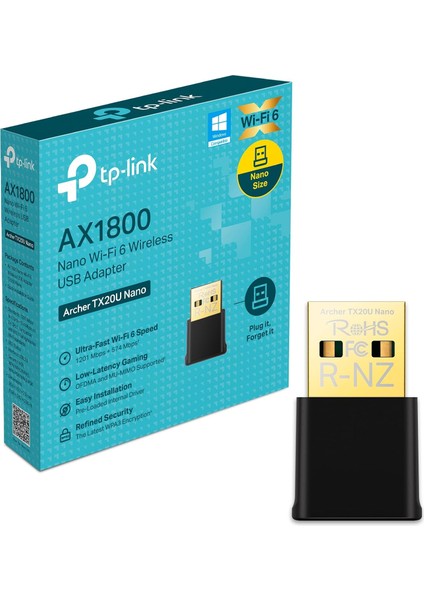 TX20U, AX1800 Mbps, Çift, Mu-Mımo, USB 2.0, Wpa3, Windows 10/11 Uyumlu, Wi-Fi 6 USB