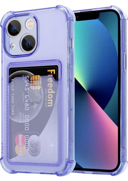 Ggm Aksesuar 15 ile Uyumlu Şeffaf Yapıya Sahip Arka Ksımında Kartlık Bölmeli Kolay Kullanım Sağlayan Telefon Kılıfı (Lila)